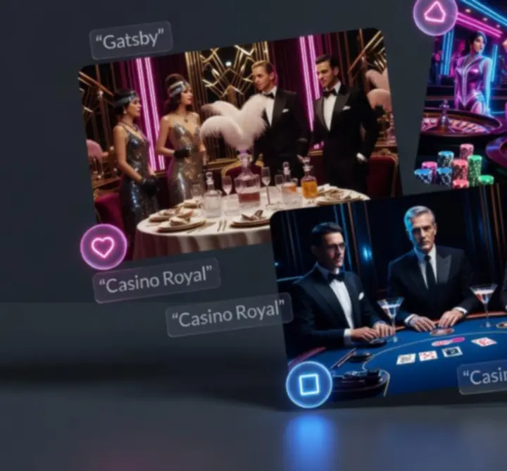 Cartes de thèmes de soirées Gatsby, Vegas rétro, Casino Royal et Poker d’entreprise