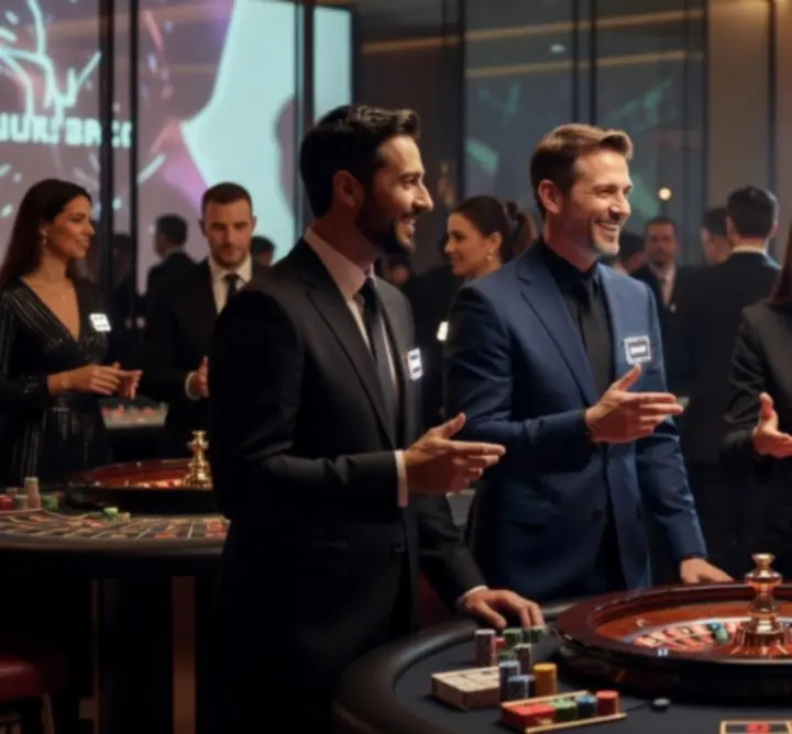 Équipe d’animateurs et d’hôtes guidant les invités autour des tables de jeux.