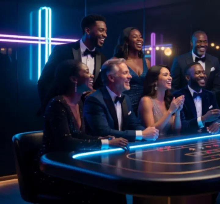 Groupe d'invités réunis autour d'une table de jeux dans un décor lumineux