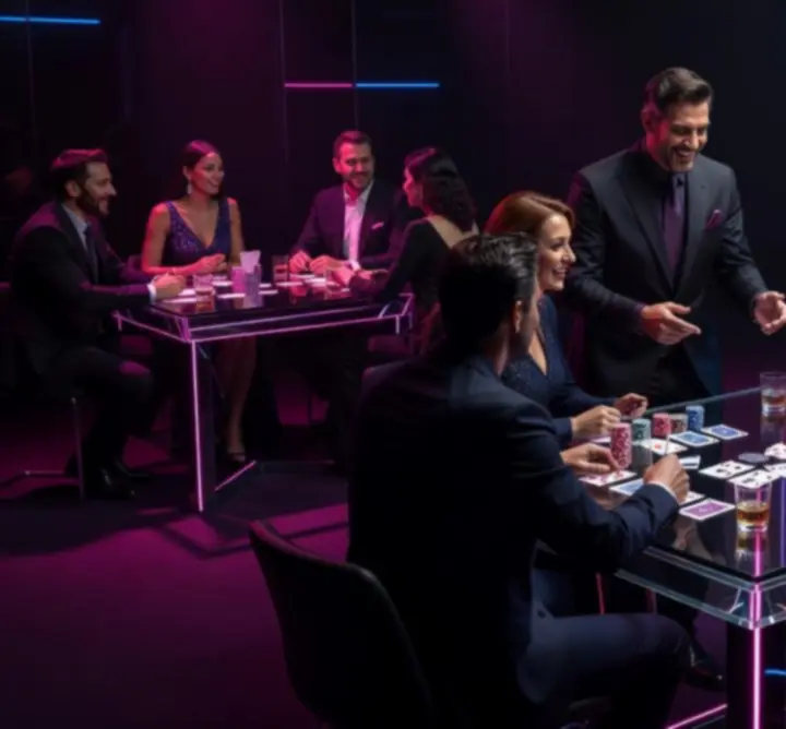 Salle de soirée élégante avec tables de jeu, hôtes glamour et éclairages néon.