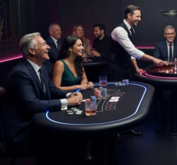 Tables de poker, roulette et blackjack installées dans une scénographie lumineuse.