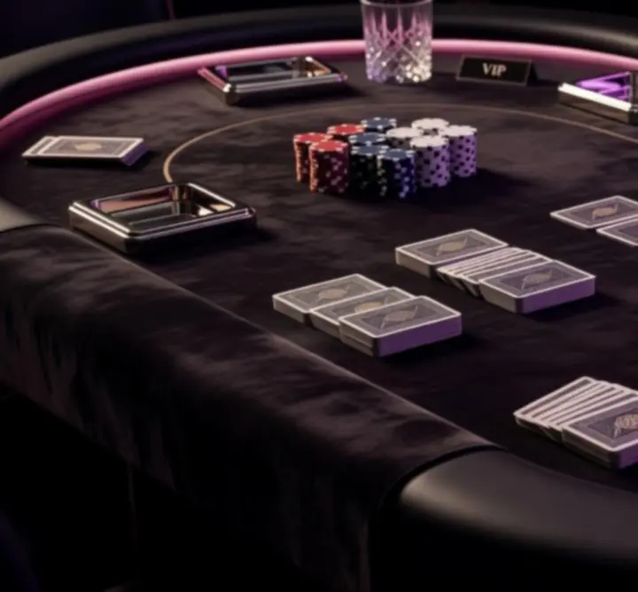Installation de table de poker avec feutre sombre et éclairage néon pour une soirée événementielle