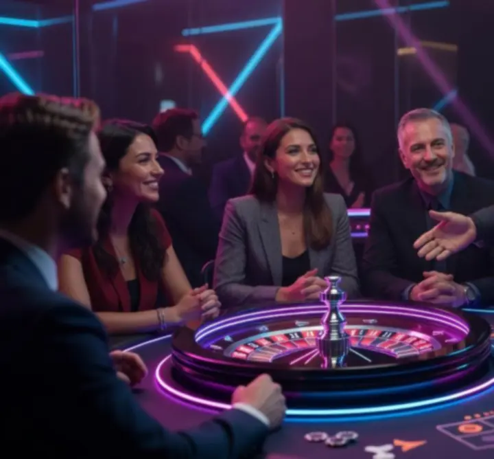Roulette et blackjack en lumière néon dans un décor de soirée.