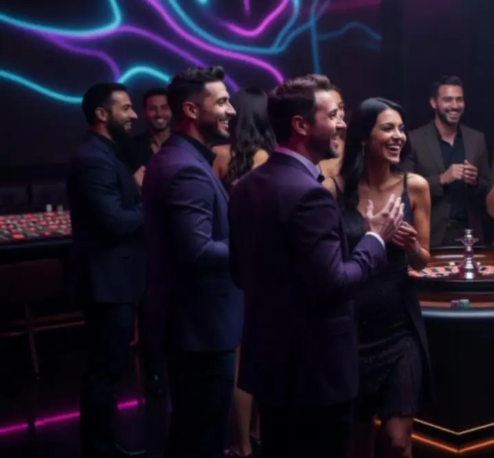 Participants souriants autour d'une table de roulette sous des lumières magenta et bleues lors d'une soirée événementielle.