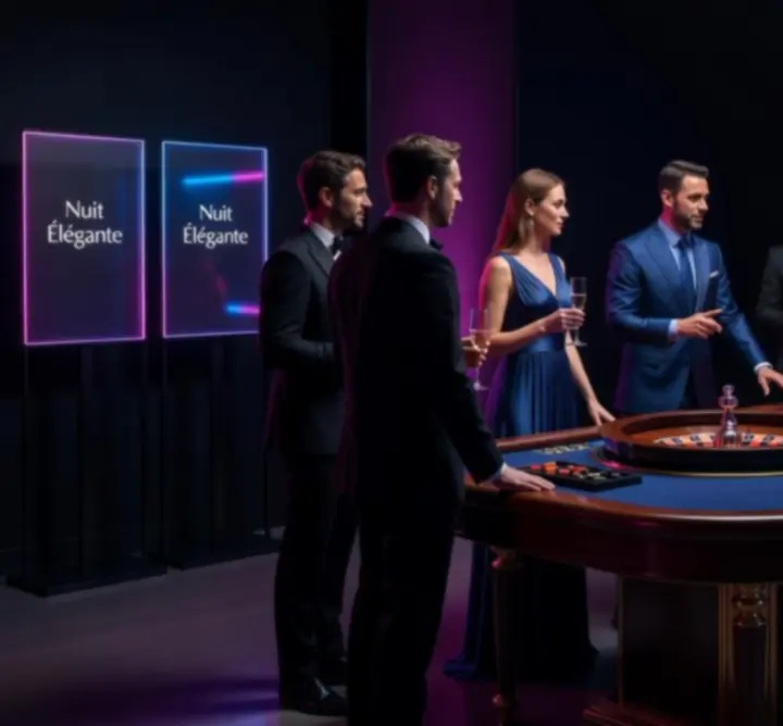 Table de roulette événementielle dans un showroom sombre éclairé de néons magenta et bleus, entourée de participants concentrés.