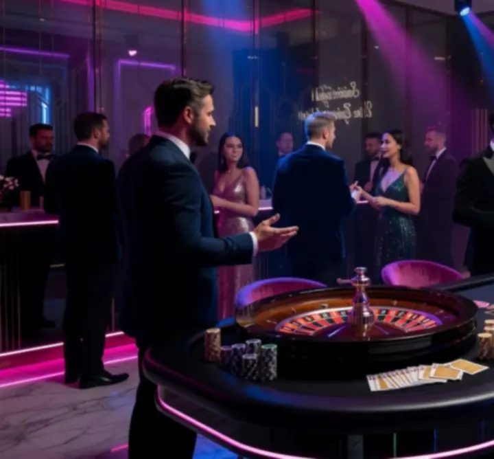 Table de jeu événementielle éclairée de néons magenta et bleus lors d’une soirée d’entreprise.