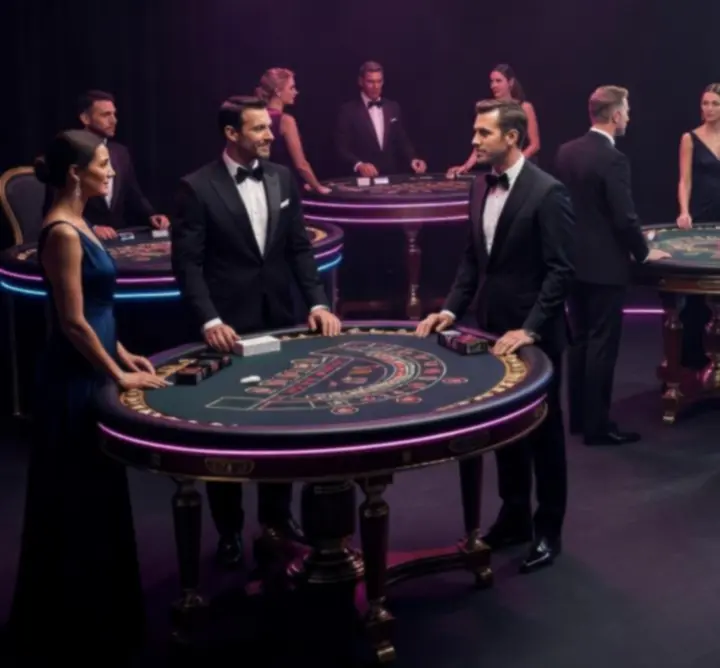 Ambiance de soirée immersive avec tables de jeux offline et éclairages néon