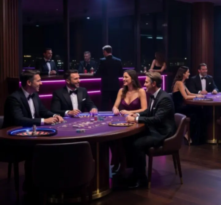 Tables de poker élégantes et invités souriants dans une ambiance de club privé chic