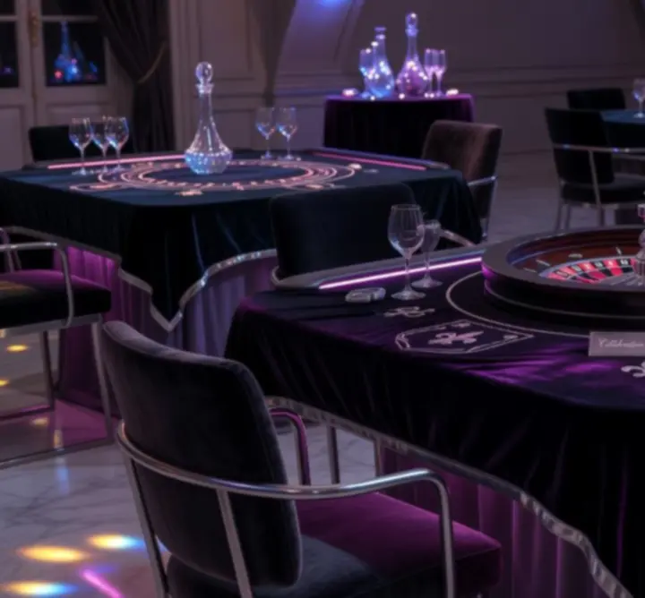 Table de jeux privée avec décor lumineux magenta et bleu