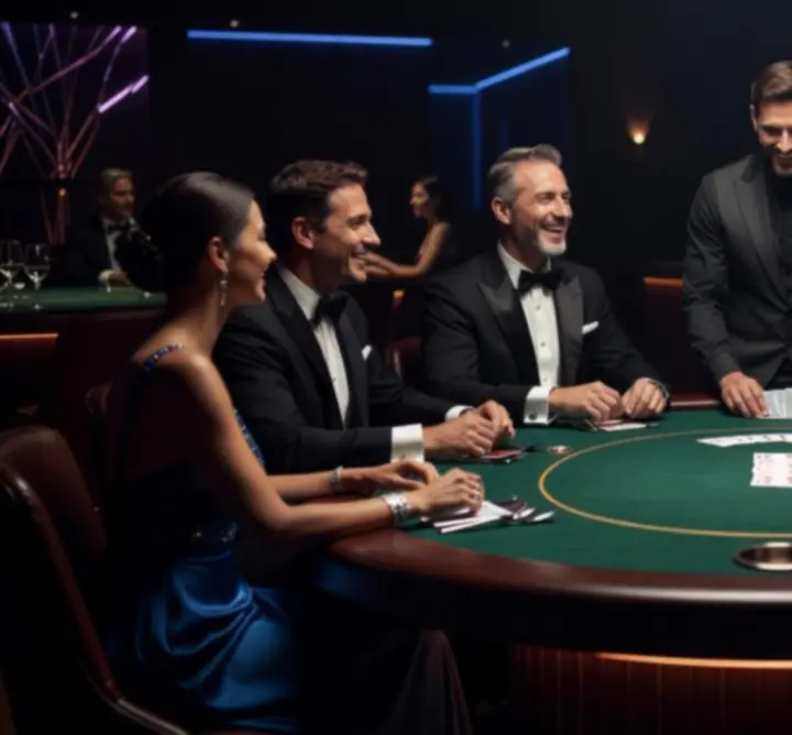Table de poker événementielle avec jetons, cartes et lumière feutrée.